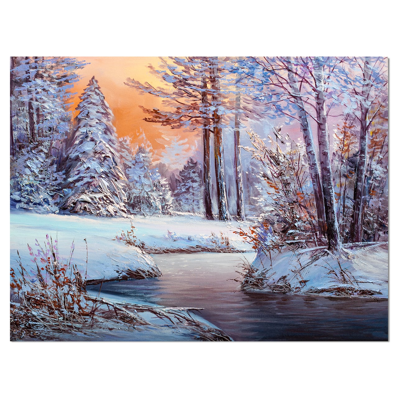 Designart - Forest in Winter Sunset - Landscapes Painting Print on Wrapped Canvas